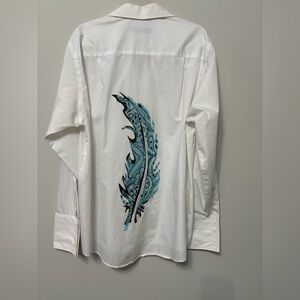 White Shirt with Blue Feather Design